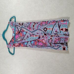 10546 Anthro Leifnotes aqua, pink & orange print silk sleeveless blouse 12